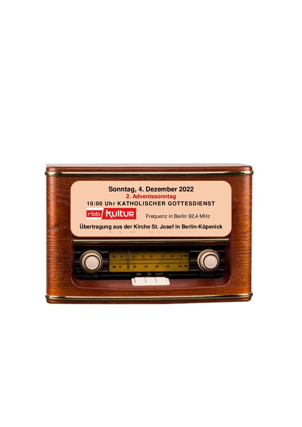 rbb-Rundfunkgottesdienst aus der Pfarrkirche St.Josef am So,04.12.22