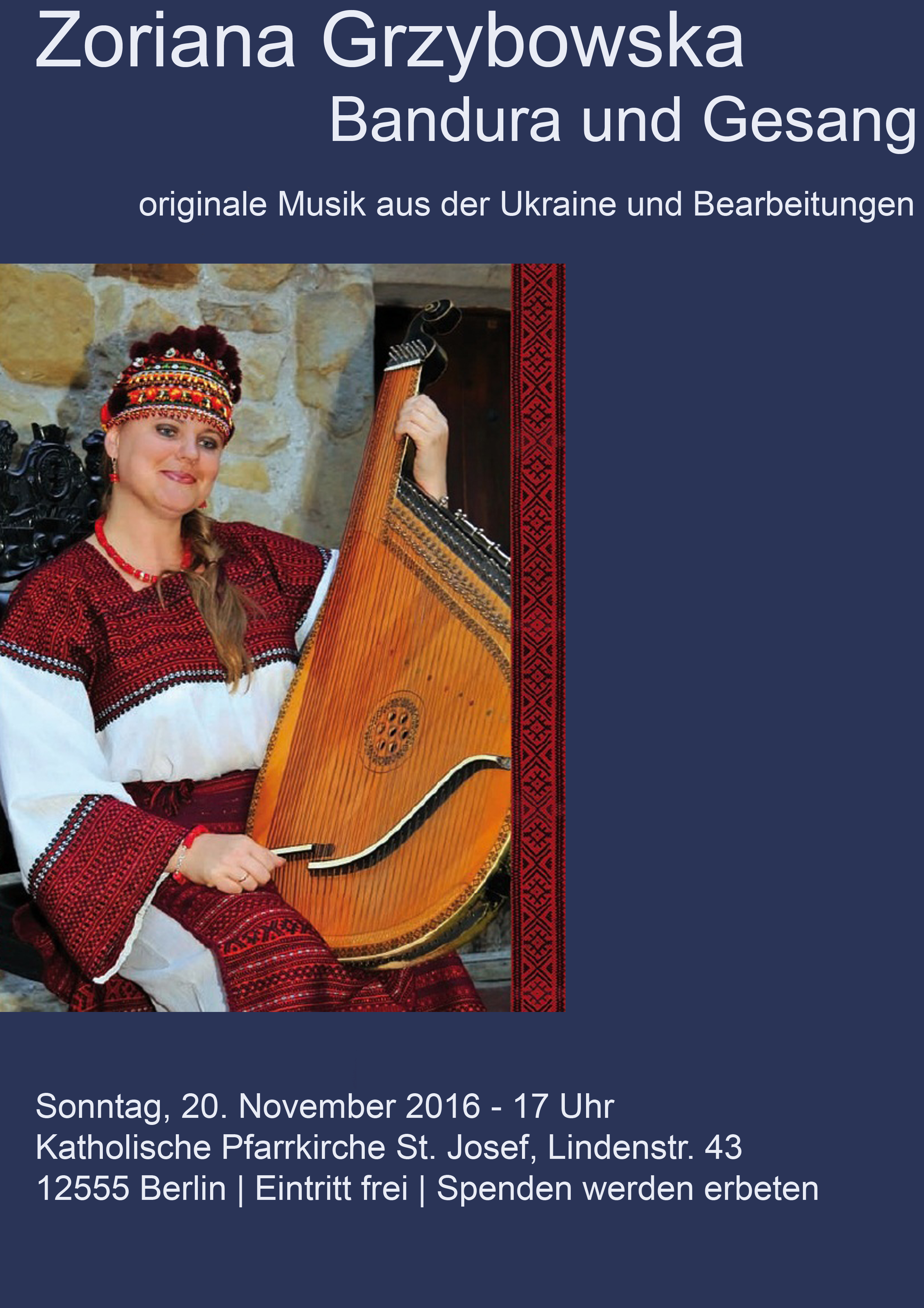 Konzert mit Zoriana Grzybowska – Bandura und Gesang – Sonntag, 20.11.16 um 17 Uhr